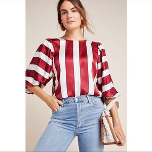 Anthropologie Maeve Long Sleeve Blouse Red and White with Puff Sleeves Size 4